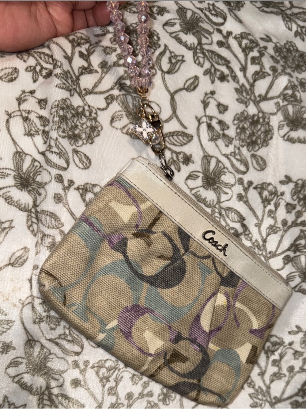 Coach Fabric Canvas Wristlet in Beige with Blue and Purple Accents